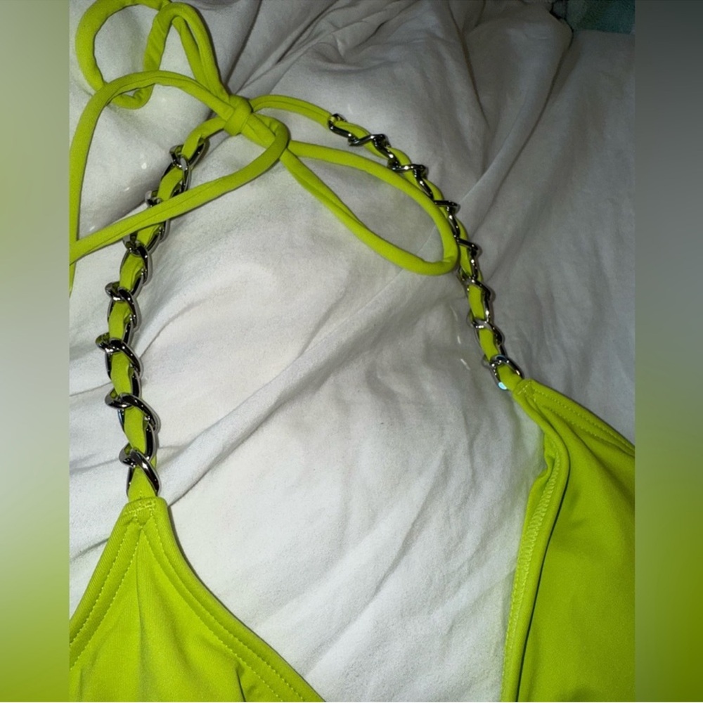 NWT Michael Kors neon Limeade Triangle chains String Bikini Top M Bottom L - Picture 7 of 15
